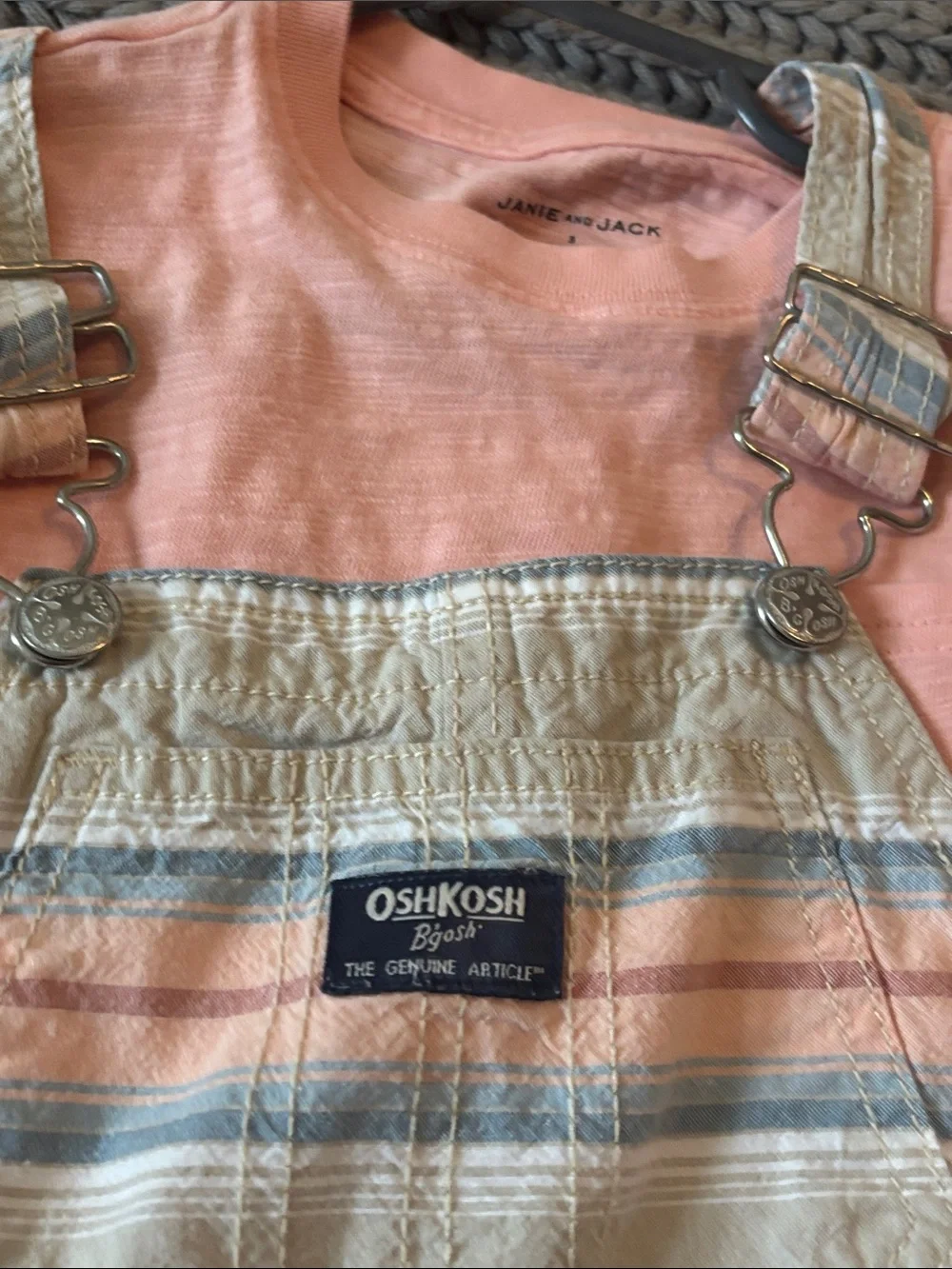OshKosh B'gosh Peach and Blue Striped Short Overalls with peach Tshirt